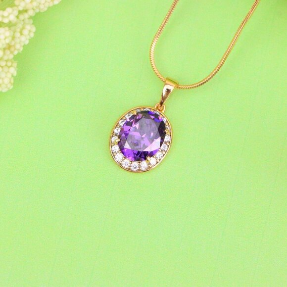 "Oval Purple Pendant with White Crystal Halo in Rose Gold Setting, XPPT1622 - Picture 2 of 12